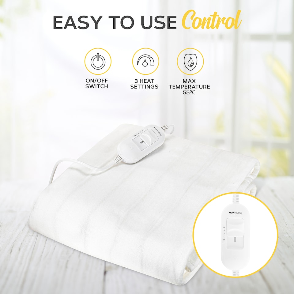 image 1 of MONHOUSE Premium Electric Blanket - Heated Under Blanket - Detachable Controller & Machine Washable - 3 Heat Settings - King Size 137x165xm | White | 1