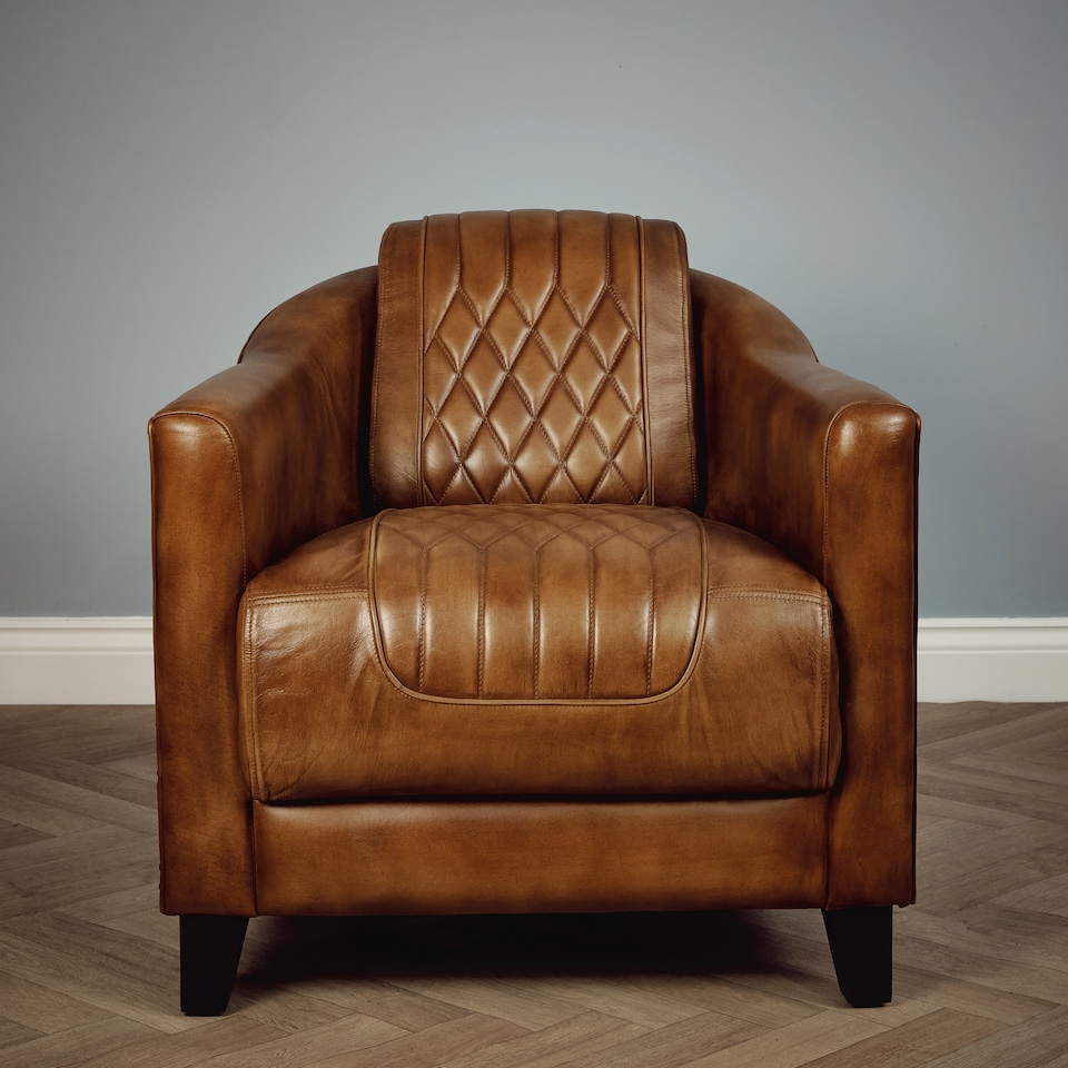 image 1 of Real Genuine Leather Tub Aviator Wing Accent Arm Chair Brown Tan