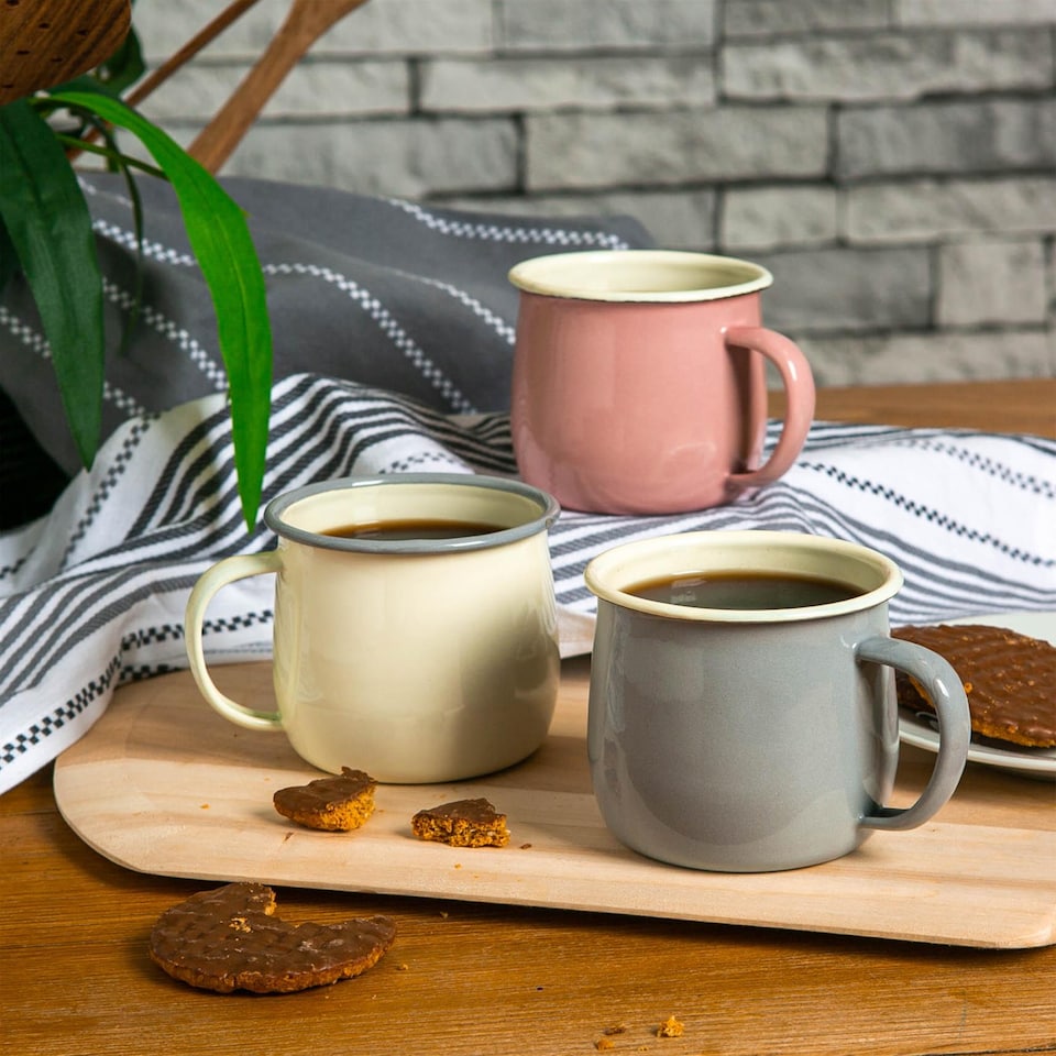 image 1 of Argon Tableware Coloured Enamel Belly Mugs - 375ml - Cream/Grey - Pack of 6 | Cream | Cream/Grey