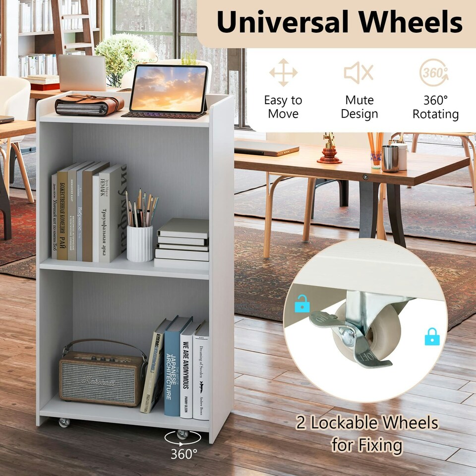 image 1 of COSTWAY Rolling Lectern Stand Desk with 2 Storage Shelves White