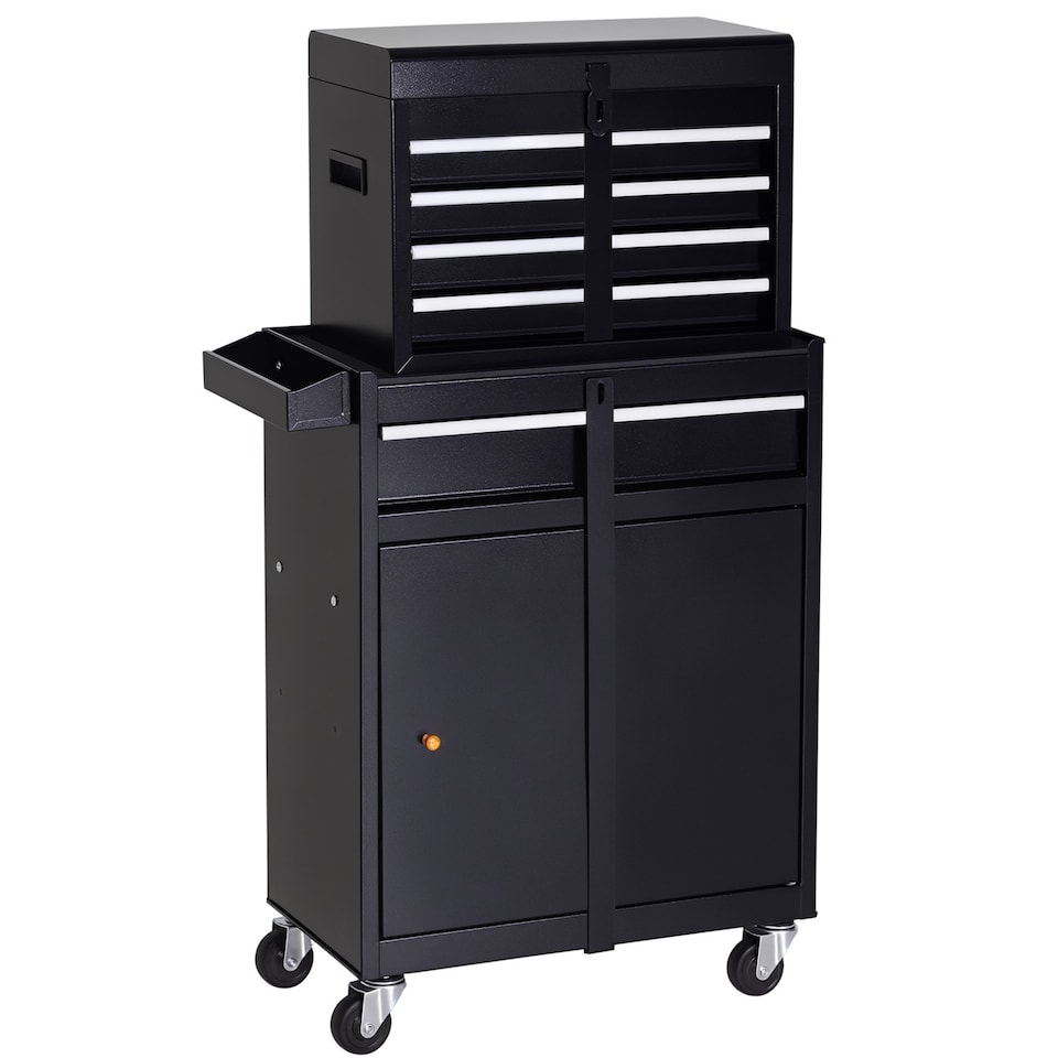 image 1 of DURHAND Tool Chest 2 in 1 Metal Tool Cabinet Storage Box with 5 Drawers Pegboard Wheels 60x28x104.5cm Black