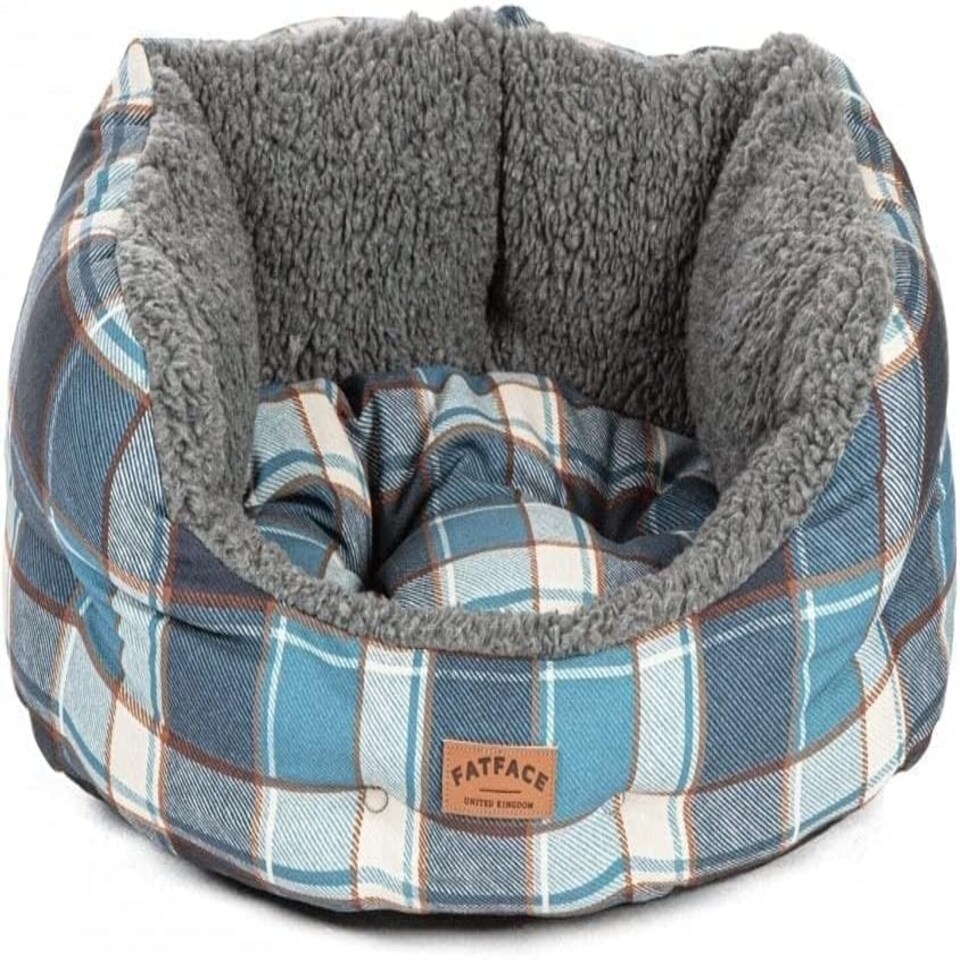 image 1 of Fatface Grey Fleece Blue Check Sustainable Recycled Fibre Deluxe Soft Dog/Puppy Slumber Bed 35 Inch