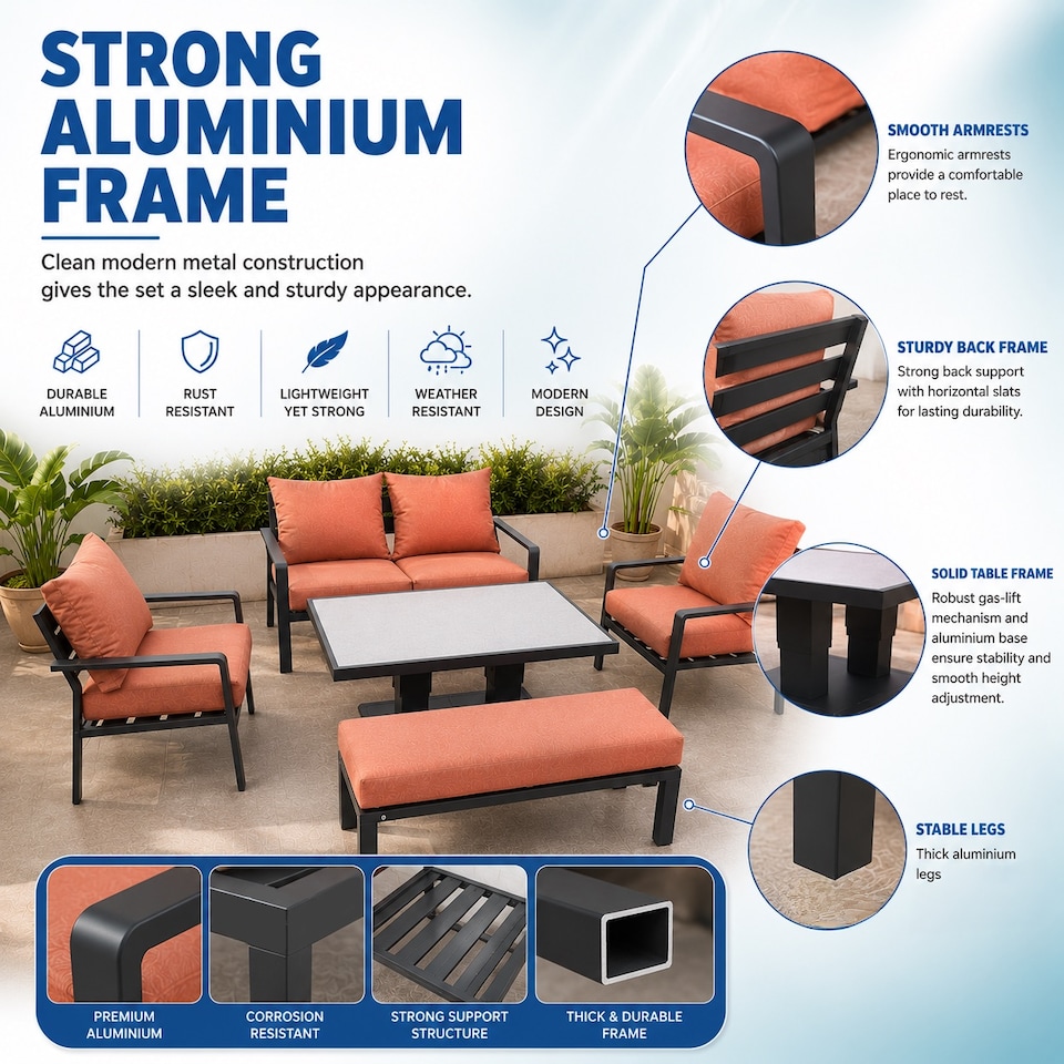 image 1 of 4 Seater 5 Piece Aluminium Garden Sofa Dining Set with Gas Lift Table, Ottoman Bench & Terracotta Cushions