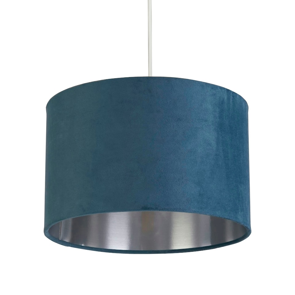 image 1 of TEAL VELVET DRUM SHADE & SILVER INNER (D27cm)