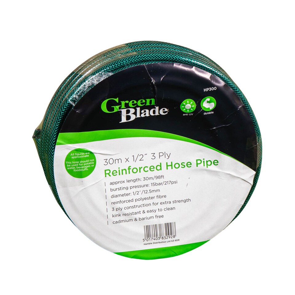 image 1 of 30m Reinforced Garden Hose Pipe / Hosepipe in Green | Black | Black
