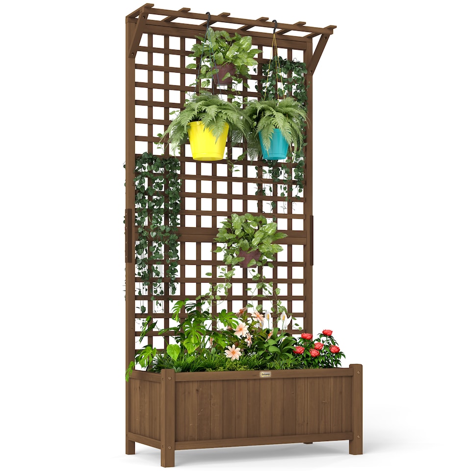 image 1 of Outsunny Wood Planter with Trellis for Climbing Plants Vines Planter Box Brown