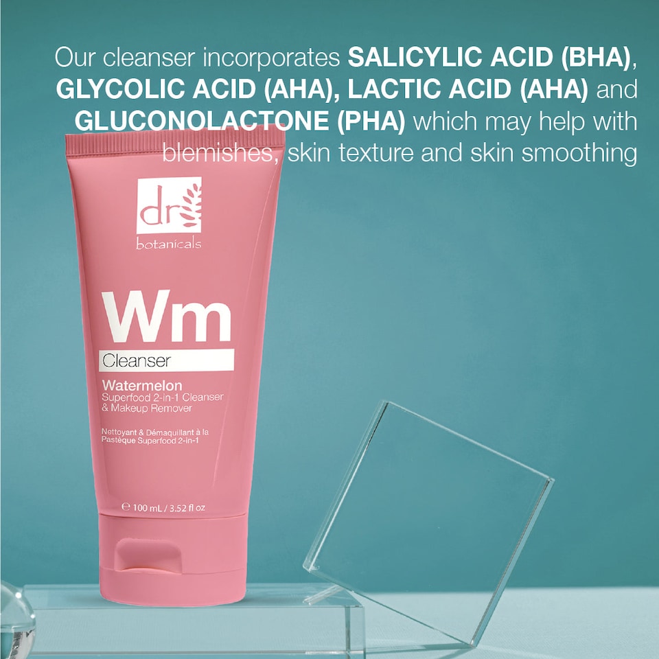 image 1 of Dr Botanicals Watermelon Superfood 2-in-1 Cleanser & Makeup Remover 100ml with Glycolic Acid, Salicylic Acid and Lactic Acid