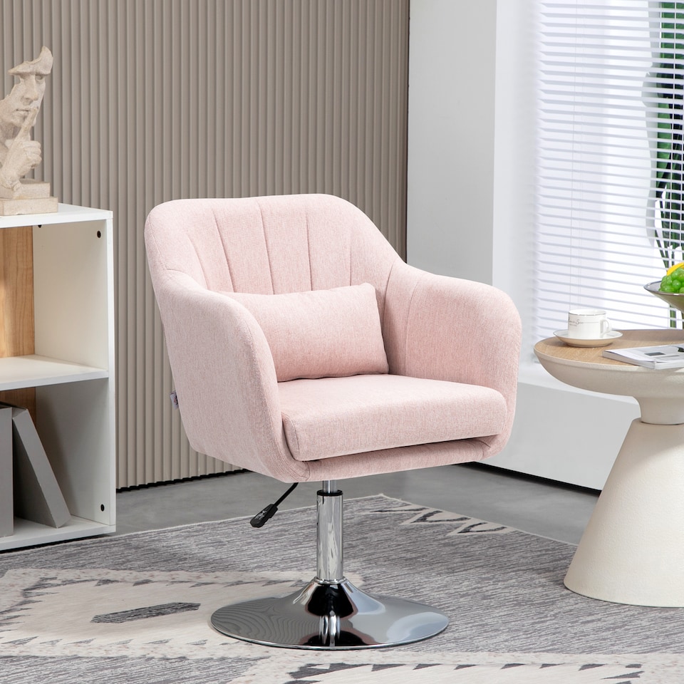 image 1 of HOMCOM Swivel Linen Fabric Accent Chair for Living Room Contemporary Vanity Armchair with Adjustable Height Thick Cushion Lumbar Support Armrest for Bedroom Office Pink