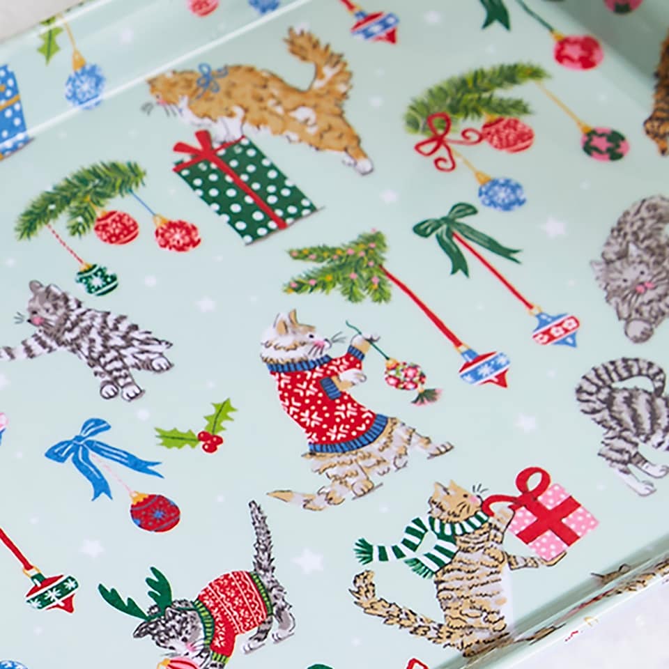 image 1 of Ulster Weavers Christmas Cats Tray - Small Seafoam