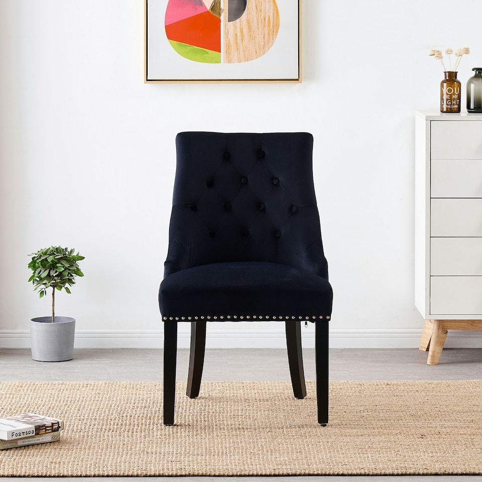image 1 of Set of 6 Velvet Dining Chairs Ergonomic Scoop Knockerback & Button Tufted Wood Legs Black