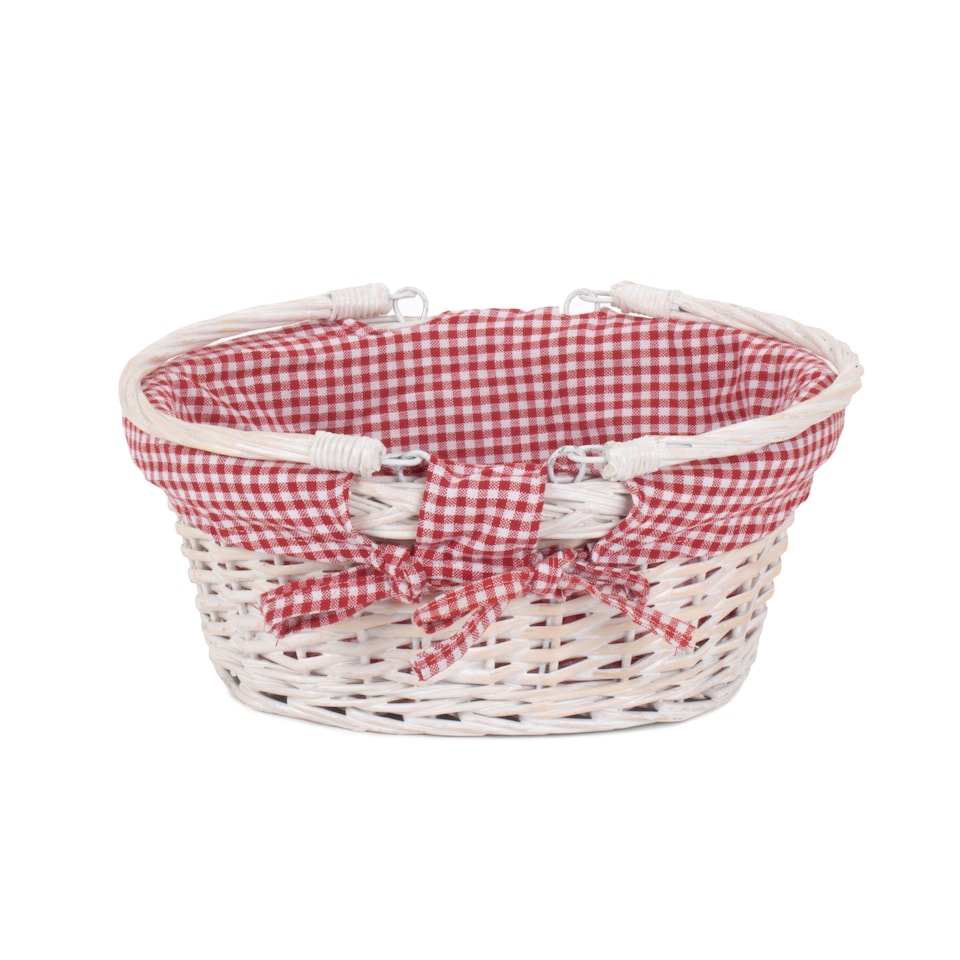 image 1 of Small White Swing Handle Wicker Shopper with Red and White Checked Lining | Red | Red Checked