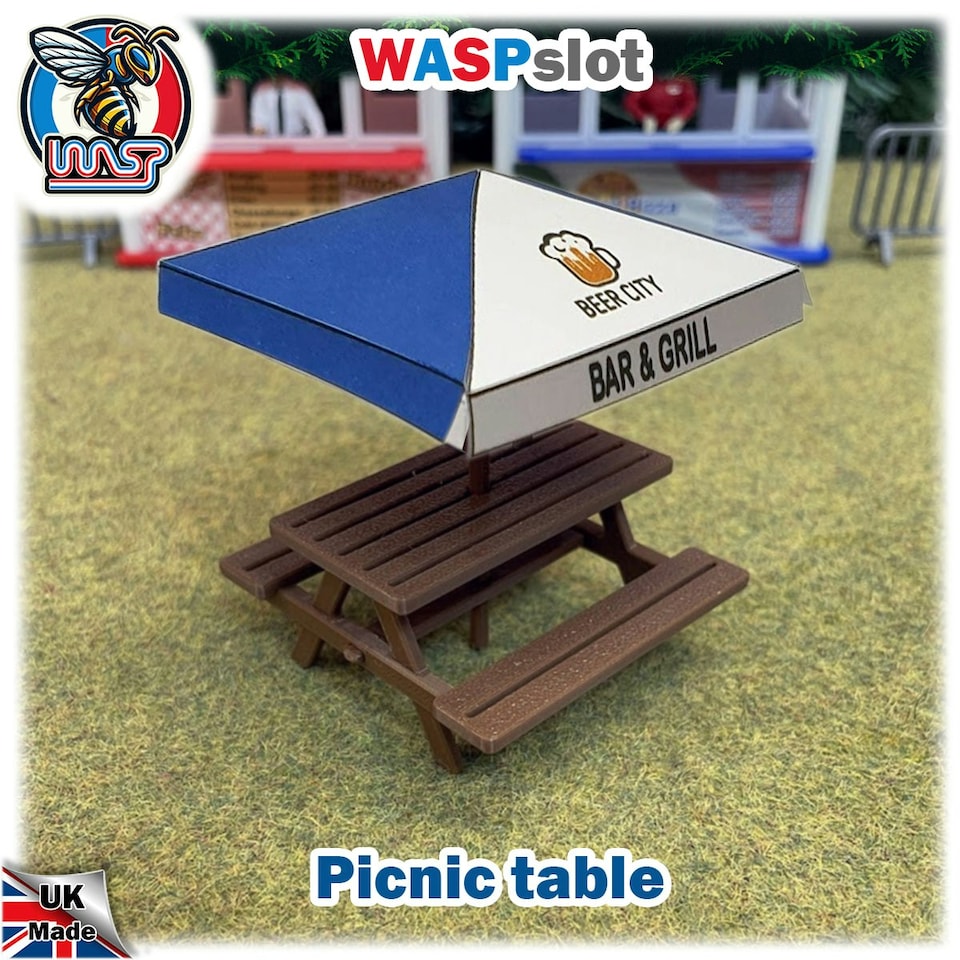 image 1 of Slot Car Scenery Trackside Picnic Table and Umbrella Pub Bench Blue 1:32 WASP P
