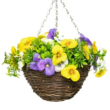 Primrose Artificial Pansy Flowers Rattan Hanging Basket Yellow Purple White 25cm