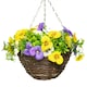 image 1 of Primrose Artificial Pansy Flowers Rattan Hanging Basket Yellow Purple White 25cm
