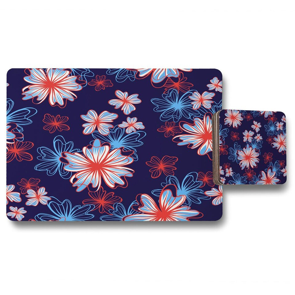 image 1 of Red, White & Blue Flower Print (Placemat & Coaster Set)