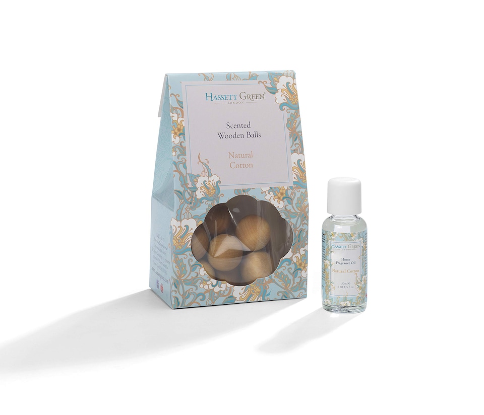 image 1 of Hassett Green London - Natural Cotton - Scented Wooden Balls Pack of 12 plus 30ml Bottle of Home Fragrance Oil for Refreshing - Alternative to Pot Pourri, Diffusers, Sachets and Drawer Liners