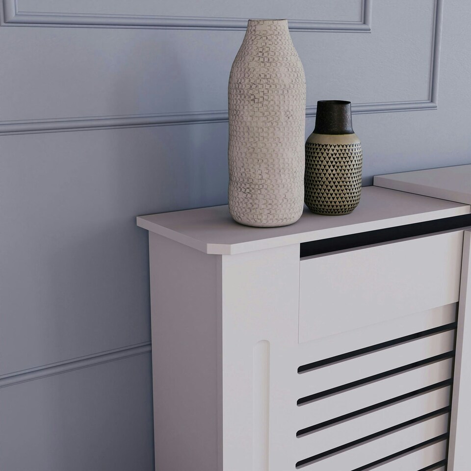image 1 of Vida Designs Milton Radiator Cover Painted MDF Slatted Cabinet Extendable, White, 140-204cm