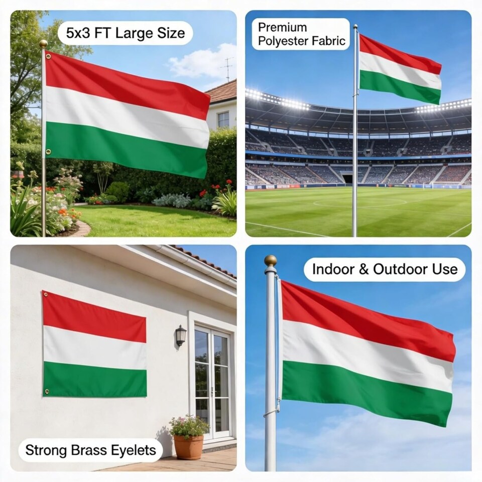 image 1 of Hungary Flag 5ft x 3ft with Brass Eyelets – Polyester Hungarian Flag Banner for Football Matches, National Celebrations, Home & Garden Display | Multi