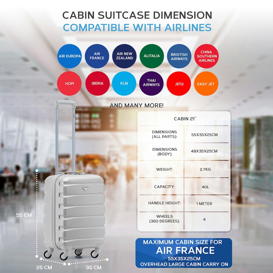 image 1 of 55x35x25cm Air France & KLM Maximum Size Cabin Carry On - Lightweight 4 Wheel ABS Hard Case Cabin Carry On Hand Luggage 35+ Airline Approved Silver | Silver | Cabin Bag