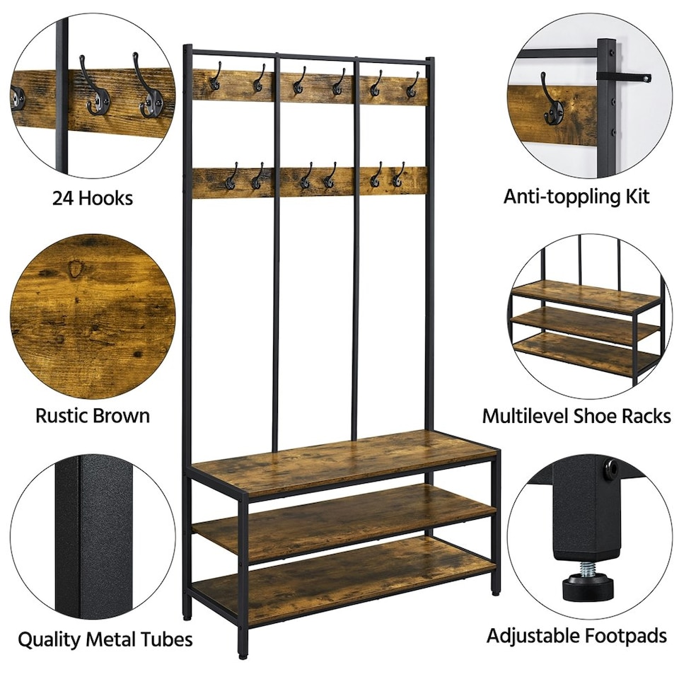 image 1 of Yaheetech Industrial Hallway Rack with Bench & Shoe Storage Brown | Rustic Brown | One Size