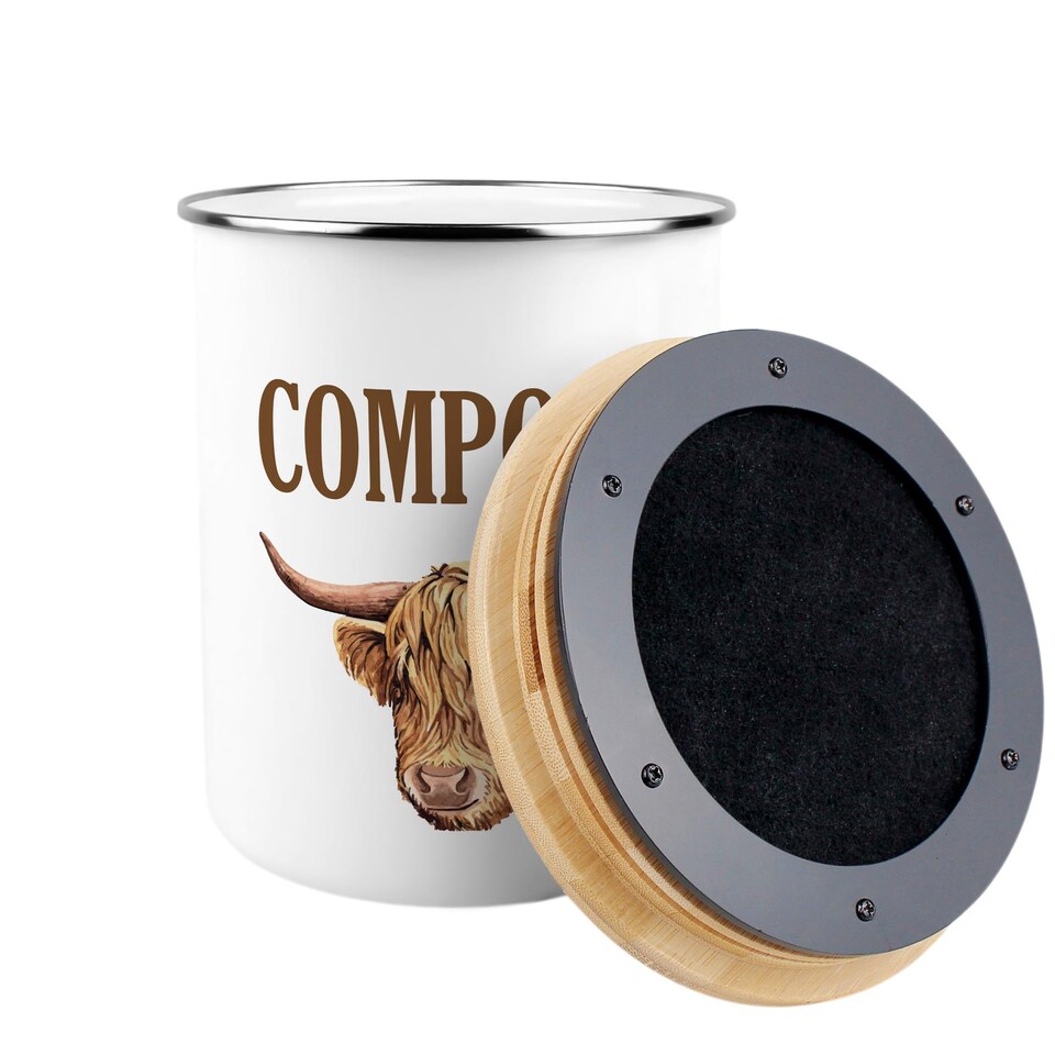 image 1 of Highland Cow Compost Caddy - Metal 2L Decorative Kitchen Food Waste Bin
