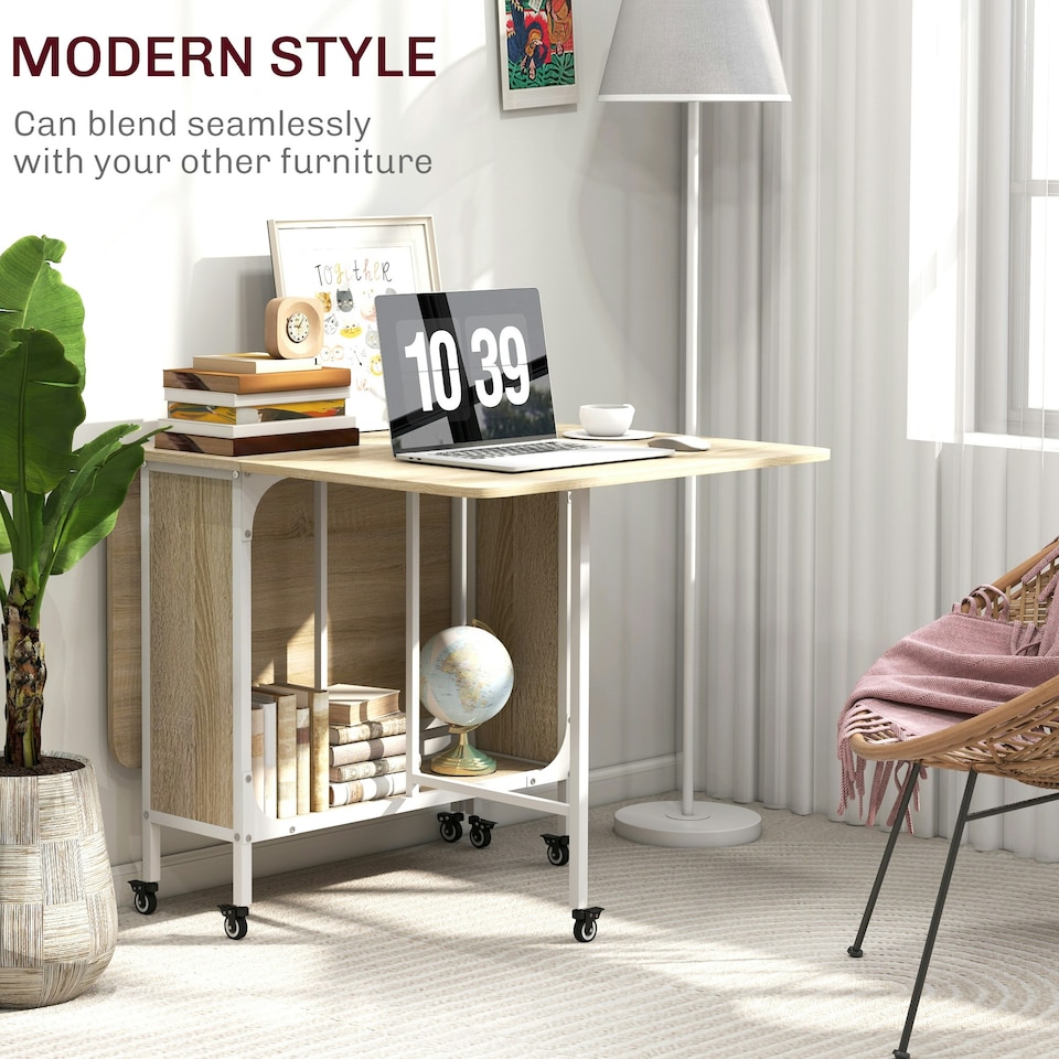 image 1 of HOMCOM Mobile Drop Leaf Dining Table on Wheels with Storage Shelf Natural