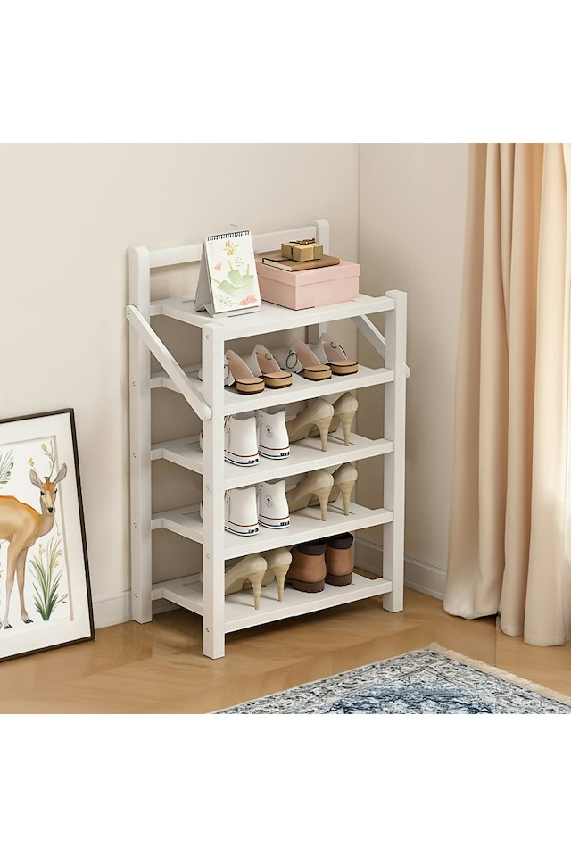image 1 of Living and Home 5-Tier Foldable Bamboo Shoe Rack - White | White