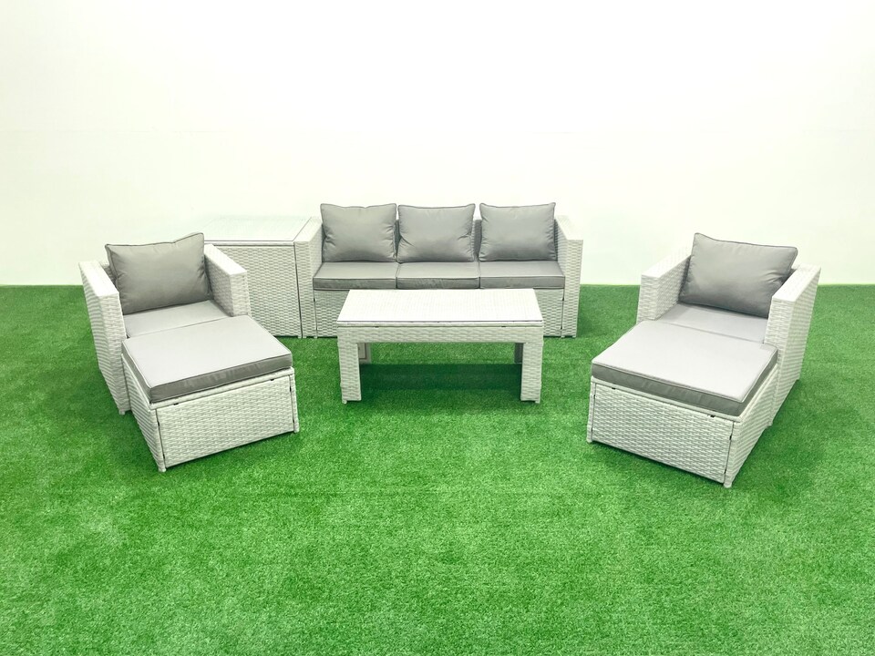 image 1 of Fimous Rattan Garden Furniture Set 7 Seater Outdoor Garden Sofa 2 Chairs Oblong Coffee Table Set with 2 Stools Side Table Light Grey Mixed