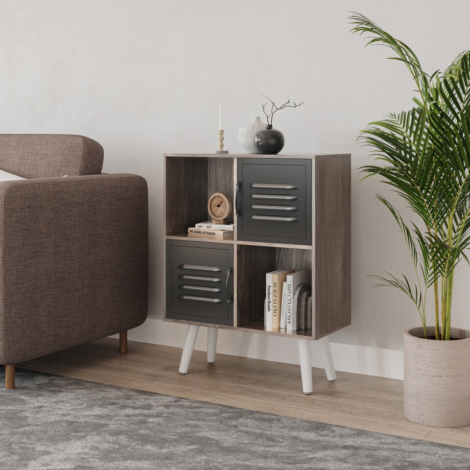 image 1 of Anthracite Oak 4-Cube Storage Unit with 2 Metal Doors and Legs | Black | Black & White | 1