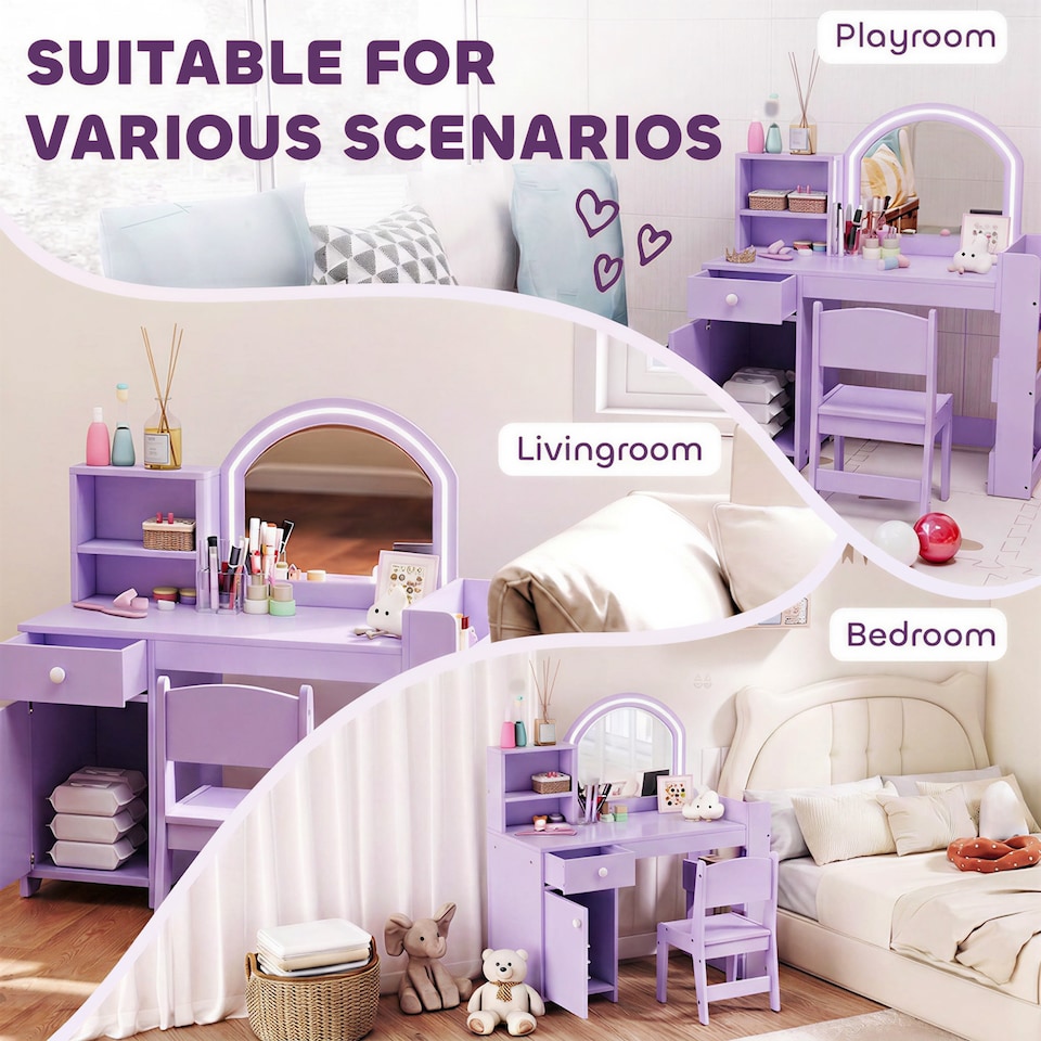 image 1 of AIYAPLAY Girls Dressing Table with 2-Colour LED Mirror and Stool, Purple