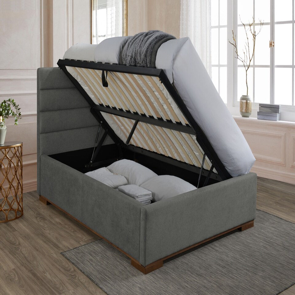 image 1 of 5ft King Size Light Grey Ottoman Lift Up Storage Bed, Grey Soft Velvet Fabric Upholstered Bed Frame Bedstead