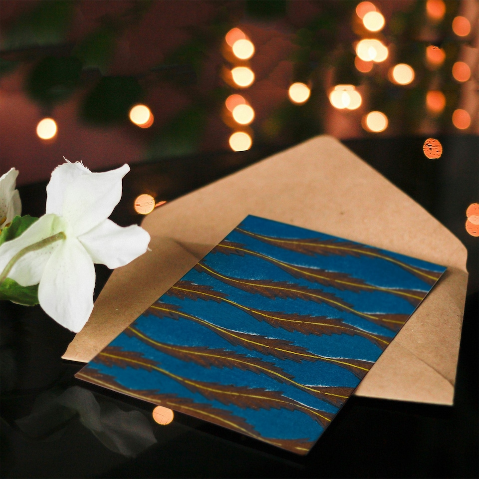 image 1 of Furuya Korin Japanese Art Card Vintage Pattern Feathers on Blue