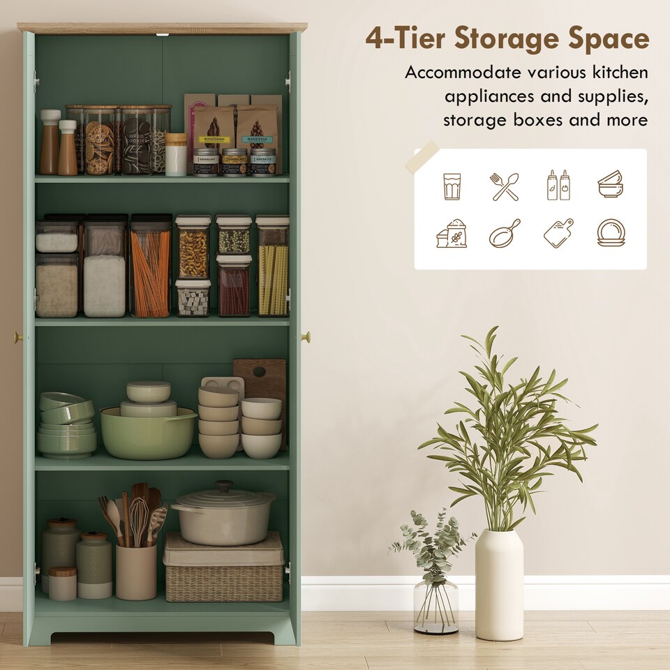 image 1 of HOMCOM 172cm Wooden Storage Cabinet Cupboard With 4 Shelves | Green | Light Green | 80 x 48 x 172 cm