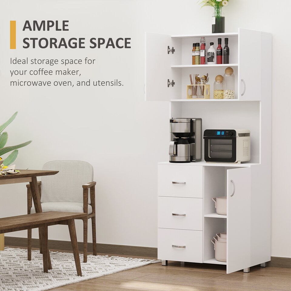 image 1 of HOMCOM 183.5cm Free standing Kitchen Cupboard, Storage Cabinet with Doors and Sheleves, 3 drawers and Open Space, Adjustable Height Storage Unit, White