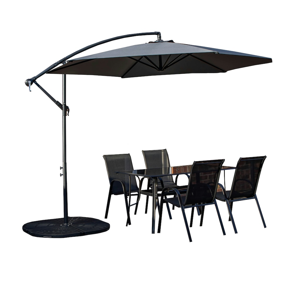 image 1 of Outdoor 4 Person Rectangular Glass Top Garden Dining Table Chairs With Grey Banana Parasol and Base