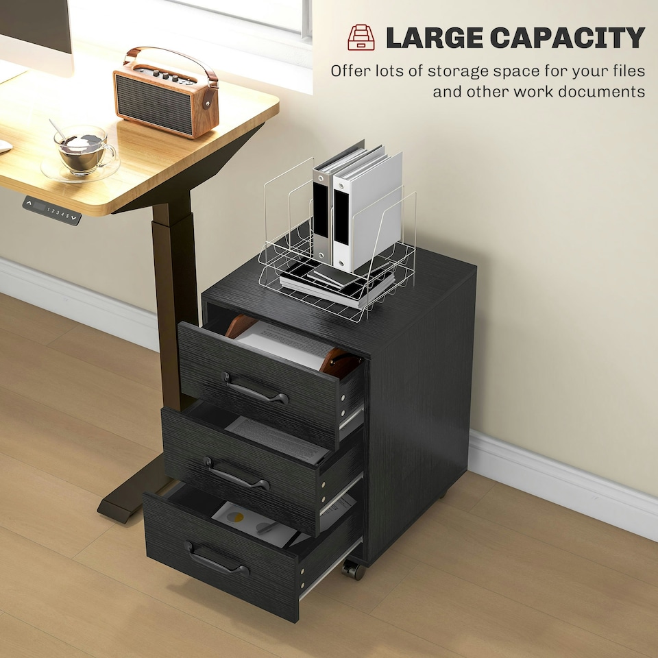 image 1 of HOMCOM File Cabinet with 3 Drawers, Under Desk Mobile Filing Cabinet Black