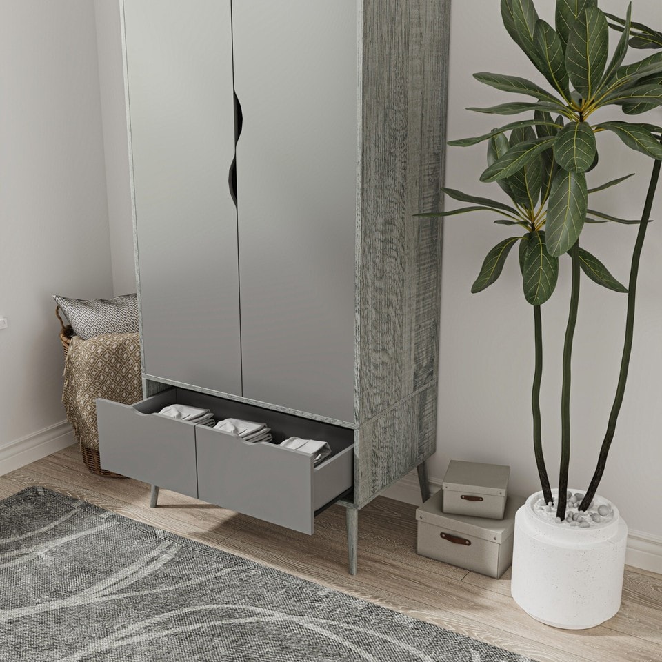image 1 of Malmo 2 Door 2 Drawer Wardrobe with Scandi Legs Cupboard Hanging Rail 180cm | Multi | Ash Grey Grey | 1