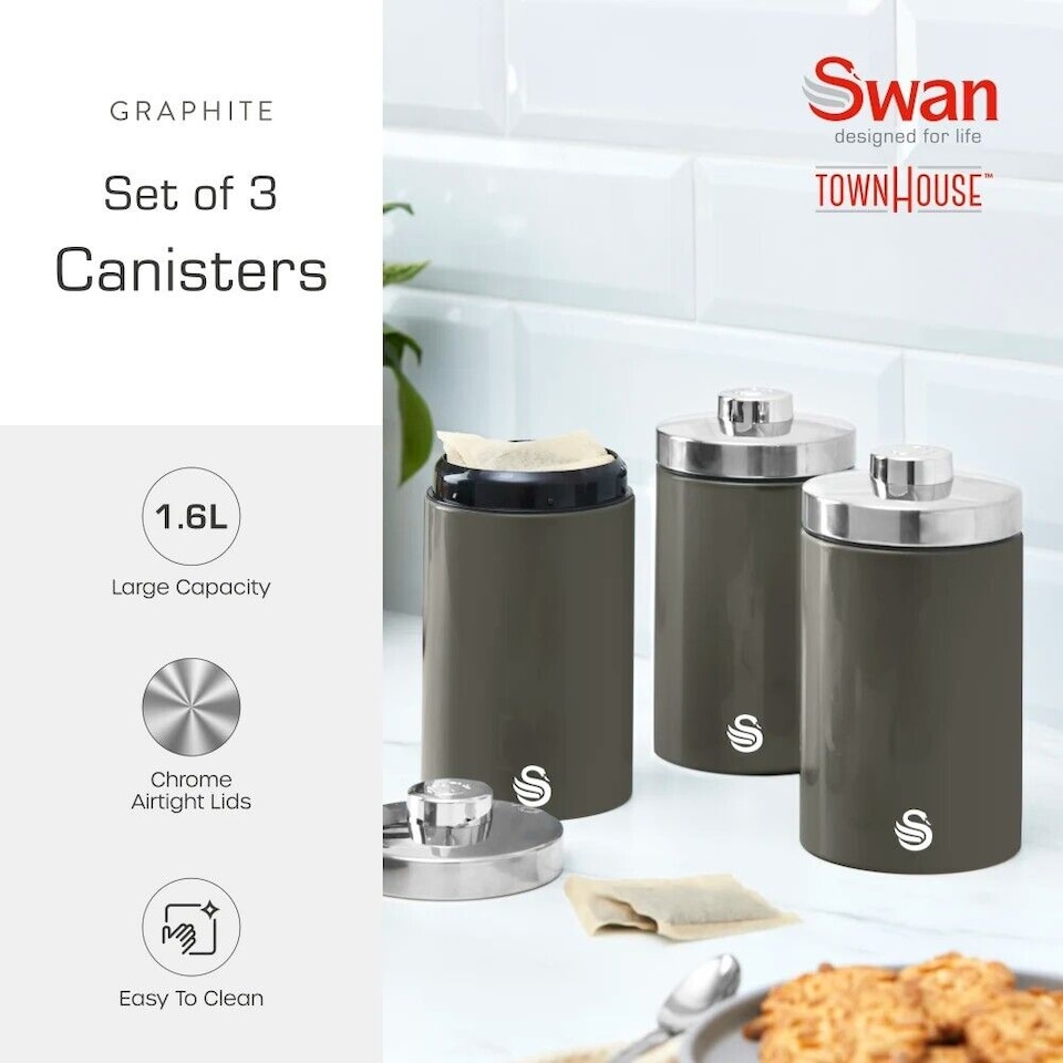 image 1 of Swan Townhouse Graphite Bread Bin & 3 Canisters Kitchen Storage Set in Grey