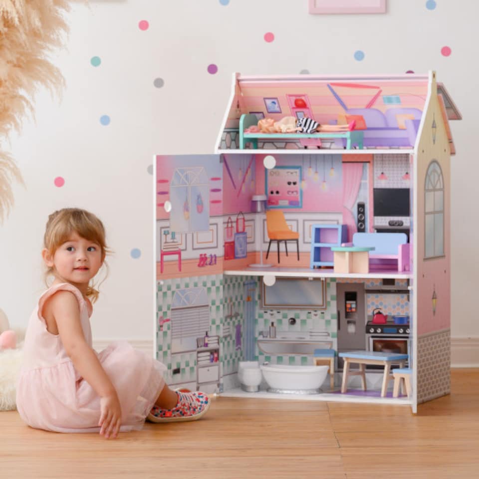 image 1 of Teamson Kids Wooden Glass-Look Doll House for 12" Dolls, Dollhouse