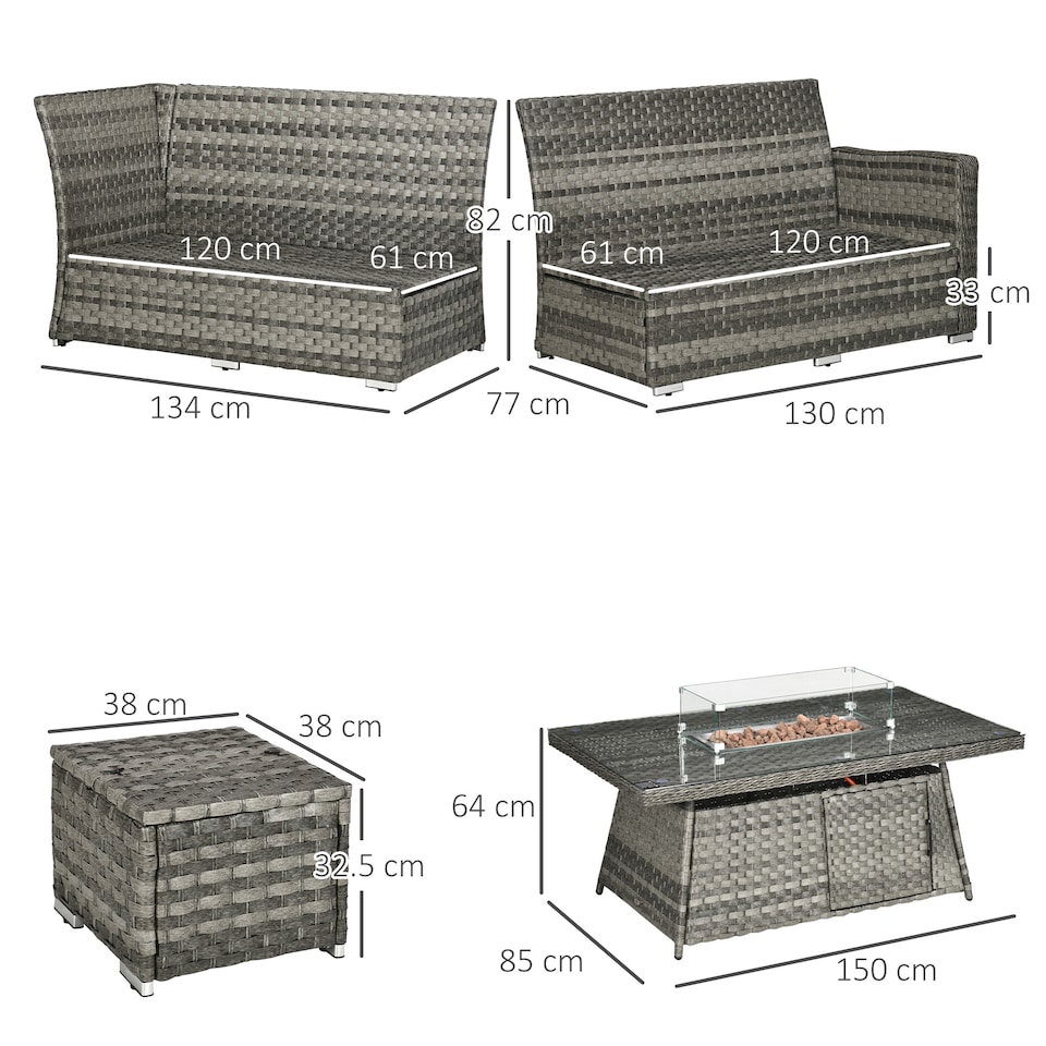 image 1 of Outsunny 7 Pieces Rattan Garden Furniture Set w/ 50,000 BTU Fire Pit Table | Grey | Grey