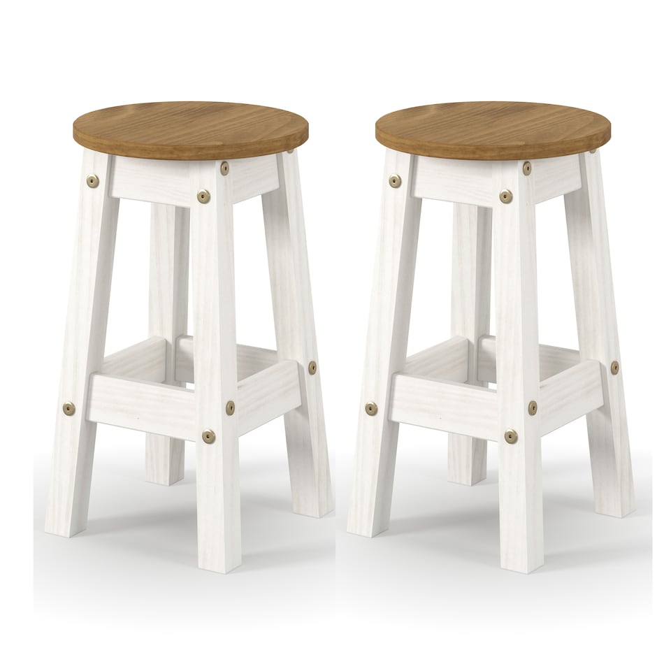 image 1 of Corona Pair of White Low Breakfast Stools - Rustic Solid Wood Farmhouse Stools | White | White | S | 1