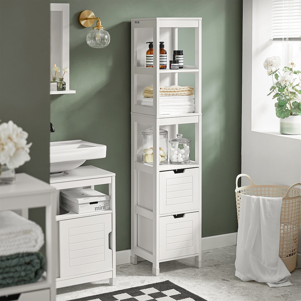 image 1 of SoBuy FRG126-W,Slim Tall Bathroom Storage Cabinet with 3 Shelves & 2 Drawers | White | White | 1