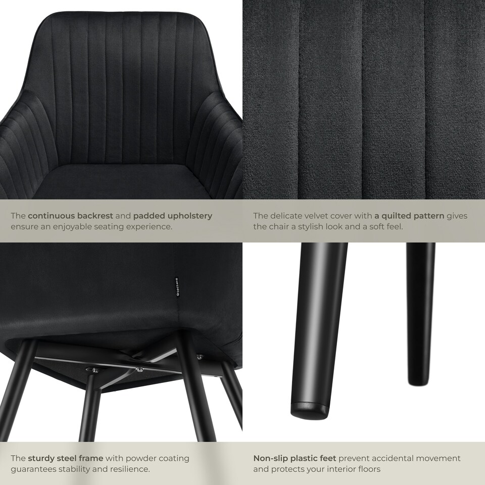 image 1 of Chair Marilyn - velvet look, quilted, continuous backrest, slim steel legs - Set of 2 Black | Black/Black
