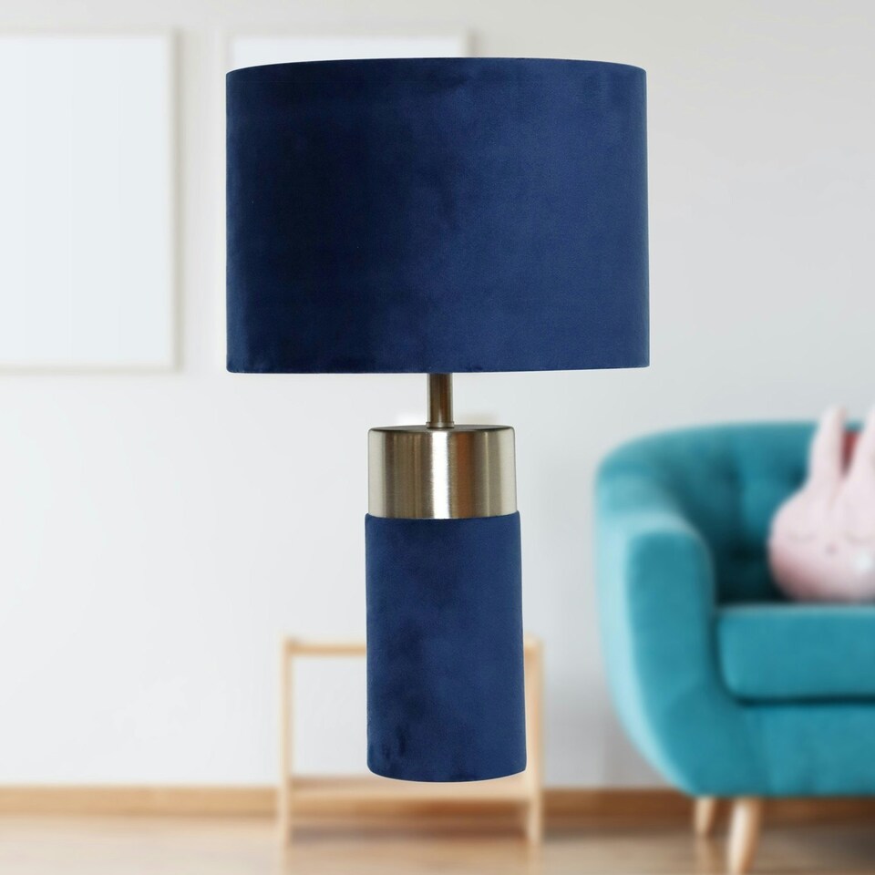 image 1 of Navy Blue Velvet with Satin Chrome Detail Table Lamp Blue | Chrome