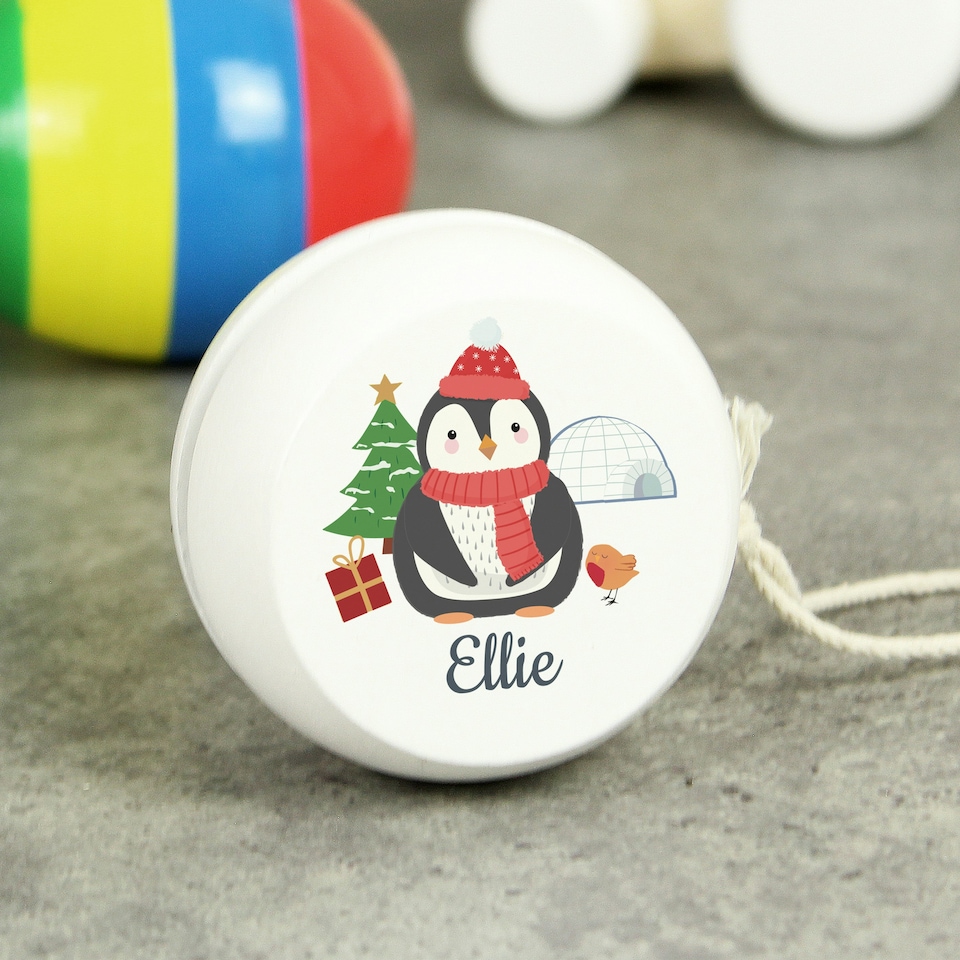 image 1 of Personalised Christmas Penguin White Wooden Yoyo