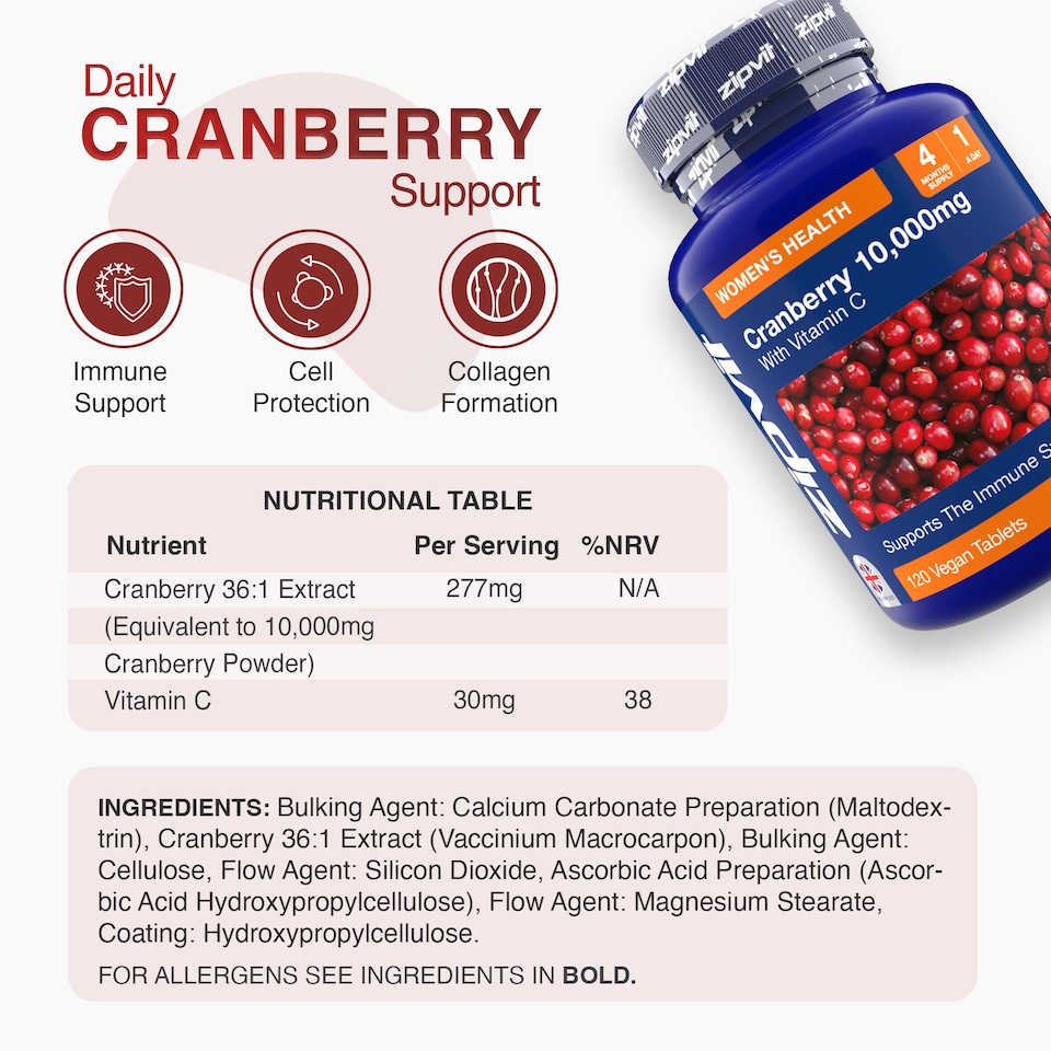 image 1 of Zipvit Cranberry 10,000mg with Vitamin C, Daily Immune Support, 120 Vegan Tablets, 4-Month Supply