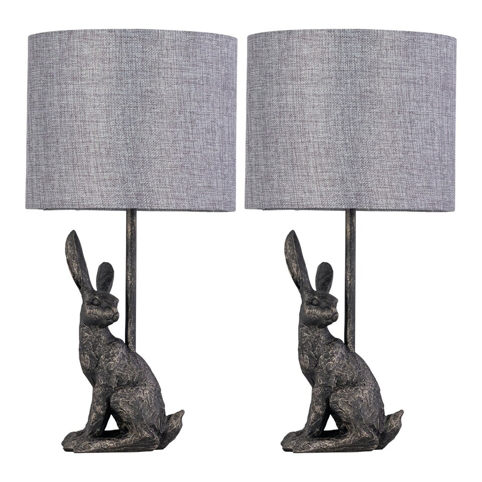 image 1 of Set of 2 Henrietta - Antique Gold Rabbit Table Lamps With Grey Linen Shade | Gold | Grey | Large | 2