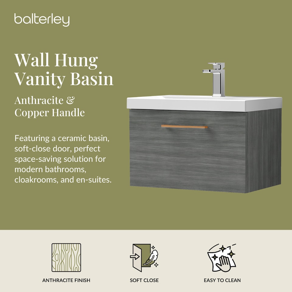image 1 of 600mm Wall Hung 1 Drawer Vanity , Woodgrain Anthracite, Copper Handle | Grey | Anthracite Woodgrain | 399 x 610 x 390mm