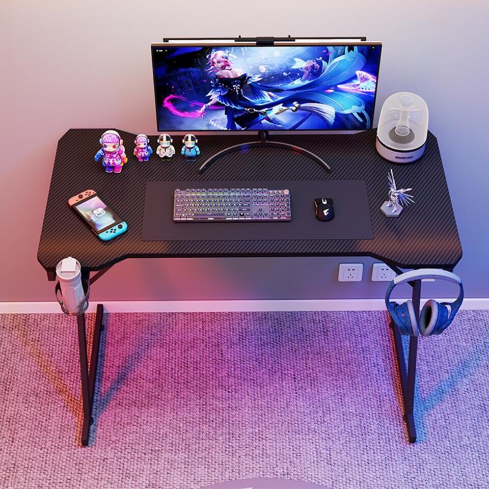 image 1 of House of Home Gaming Desk Carbon Fibre Finish Black 80cm Cup Holder, Headphone Hook | Black