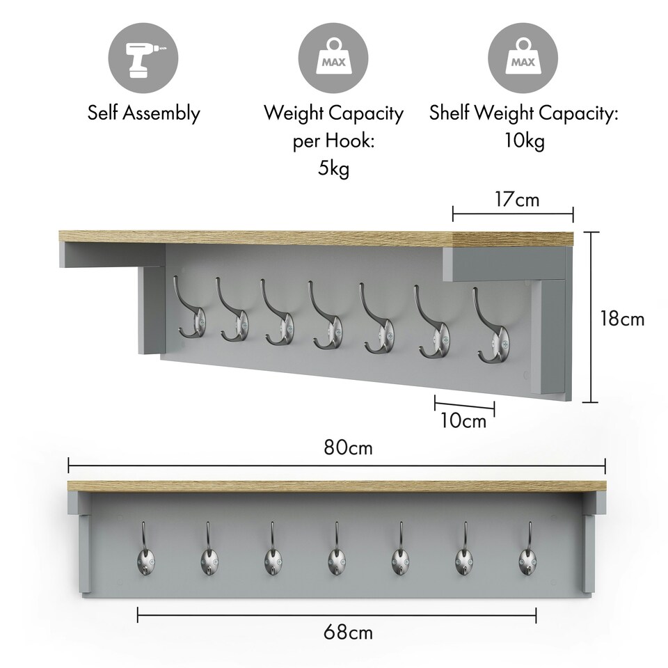 image 1 of VonHaus Ash Hall Grey Wall Mounted  Coat Hooks with Shelf Grey | One Size